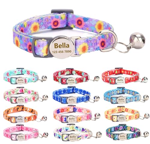 Custom Personalized Breakaway Kitten Cat Collar with ID Name Phone Number Tag Plate/Customized Engraved Floral Pattern Boy Girl Cat Kitten Collar with Bell-Purple Flower - color: Purple Flower