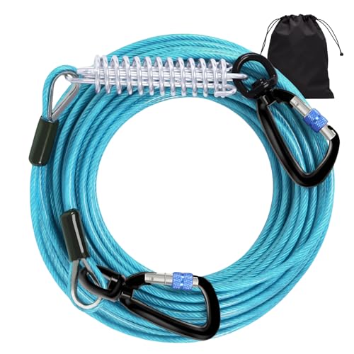 Dog Tie Out Cable 30FT-1000LBS Break Strength,Heavy Duty Dog Leads for Yard with Shock Absorbing Spring & Swivel Hook,Long Leash Cable for Outdoor Tethering,Dog Line for Small Large Dogs - color: Blue, size: 30FT