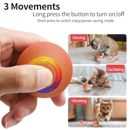 Interactive Cat Toys, Automatic Moving Cat Toys for Bored Indoor Adult Cats, Fast Rolling, Chirping & Motion-Activated Kitty Toys, Fun Gift for Cats with Speedy Tail 2.0, USB Rechargeable (Orange)