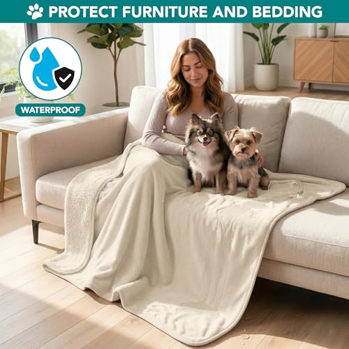 PETAMI Sherpa Fleece Waterproof CAT and Dog Blanket, Beige, Small - color: Beige, size: Small (24x32)