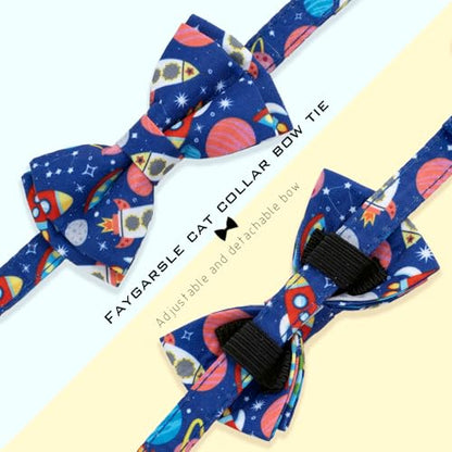 Faygarsle 2 Pack Space Theme Cat Collar Set with Bandana and Bow Tie, Breakaway Safety Buckle, Navy Blue with Rockets - color: Blue Space