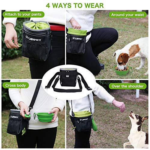 Dog Treat Pouch Pet Training Bag for Small to Large Dogs, Treat Tote Carry Kibble Snacks Toys for Training Reward Walking, Metal Clip, Waist belt, Shoulder Strap, Poop Bag Dispenser, Black with Green - color: Pouch(Black with Green)+Clicker