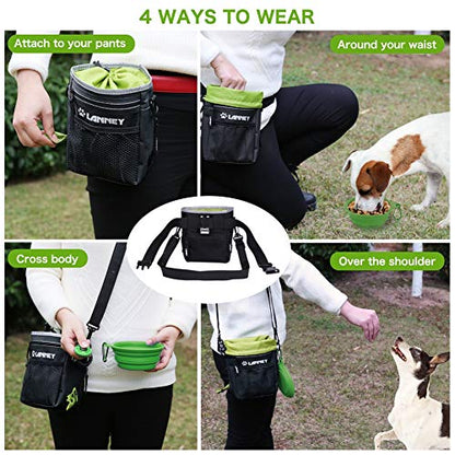 Dog Treat Pouch Pet Training Bag for Small to Large Dogs, Treat Tote Carry Kibble Snacks Toys for Training Reward Walking, Metal Clip, Waist belt, Shoulder Strap, Poop Bag Dispenser, Black with Green - color: Pouch(Black with Green)+Clicker