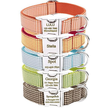 Personalized Dog Collar - Custom Dog Collars with Pet Name/Phone Number/Address Engraved on The Metal Plate (Gingham Style), Multicolor, XS S M L XL