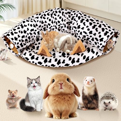 Spardar Bunny Tunnel Bed, 2-in-1 Collapsible Tunnel Tubes Toys, Washable, with Removable Mat Hideout, Interactive Toys for Rabbits Chinchilla Hedgehog Guinea Pigs Kitty, Cow - color: Cow