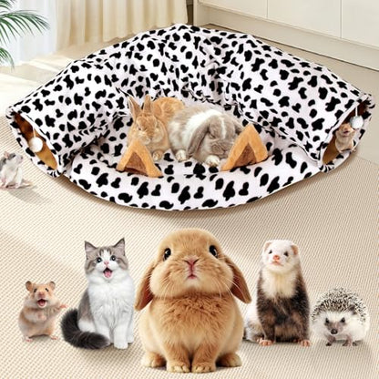 Spardar Bunny Tunnel Bed, 2-in-1 Collapsible Tunnel Tubes Toys, Washable, with Removable Mat Hideout, Interactive Toys for Rabbits Chinchilla Hedgehog Guinea Pigs Kitty, Cow - color: Cow