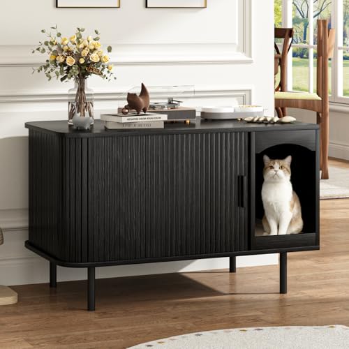 Cat Litter Box Enclosure Furniture, Fluted Hidden Litter Box Furniture with Scratching Pad, Large Wood Cat House Indoor Modern Cabinet Side End Table for Living Room, Entryway, Black - color: Black, size: 35.4"