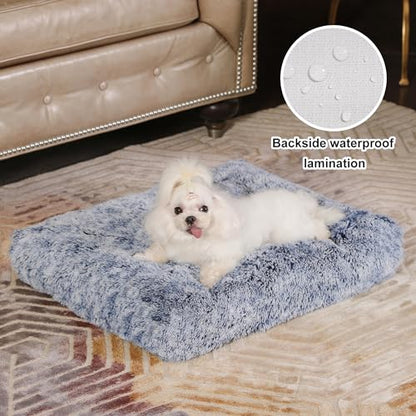 Bedfolks Plush Waterproof Dog Crate Bed, Removable Washable Cover, Faux Fur, 17"x12", Dark Blue - color: Dark Blue, size: XX-Small(17x12'')