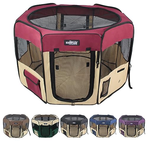EliteField 2-Door Soft Pet Playpen (2 Year Warranty), Exercise Pen, Multiple Sizes and Colors Available for Dogs, Cats and Other Pets (42" x 42" x 24"H, Maroon+Beige) - color: Maroon+Beige, size: 42" x 42" x 24"H