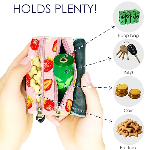 Dog Treat and Poop Bag Holder for Leash, 2 Waterproof Zipper Pouches for Pet Walking Accessories, with Dispenser, Training Clicker and 1 Free Roll (Strawberry) - color: Strawberry