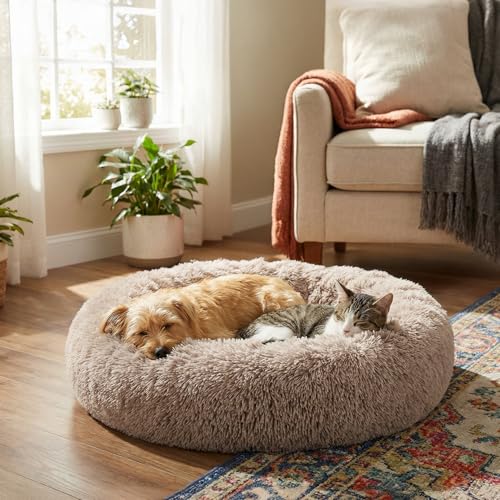 PetAmi Calming Dog Bed for Small Medium Dog Cat, Round Donut Dog Bed Washable, Fluffy Faux Fur Plush Cuddler Pet Kitten Cushion Bed, Anti-Slip, Fits up to 45 lbs, 30 inch, Taupe - color: Taupe, size: Medium - 30"