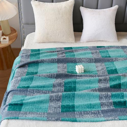 ZYFZCYBL Fleece Throw Blankets for Couch Bulk Lightweight Warm Soft Cozy Blanket 6 Pack Bulk Fleece Blanket Solid for Bed Couch Office Gifts Outdoor 50 x 60 inch Teal and Grey - color: Plaid (Teal and Grey)