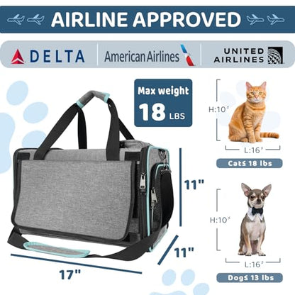 GAPZER Cat Carrier American, United, Delta Airline Approved/Soft-Sided Pet Travel Bag for Medium Cat 15+ lbs Small Dog Traveling Crate Under 15 Pounds TSA Approved Carrying Cage Underseat Cabin Gray - size: 17"x11"x11"