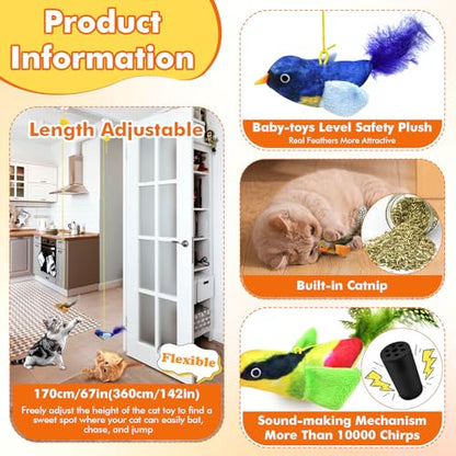 Interactive Cat Toys for Indoor Cats, Retractable Door Hanging Cat Toys with Catnip and Feathers, 3 Pack Chirping Bird Cat Toy for Chase Exercise Boredom Buster for Kittens & Adult Cats