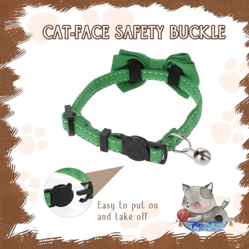 2 Pcs Bowtie Cat Collar with Bell Breakaway Cat Collars Cute Boy Kitten Collar Adjustable Small Puppy Safety Collar Solid Color Plaid Pet Collar (Green) - color: green