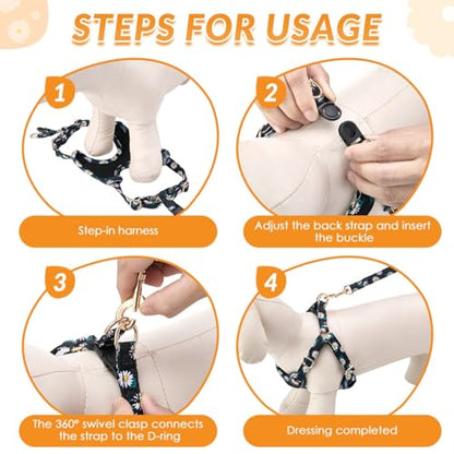 SlowTon Small Dog Harness - No Pull Dog Harness and Leash Set, Soft Mesh Lightweight Puppy Vest Harnesses, Adjustable Pet Harnesses for XXS XS Small Medium Easy Walk Hiking (Black, M) - color: 3.Black Daisy, size: Medium