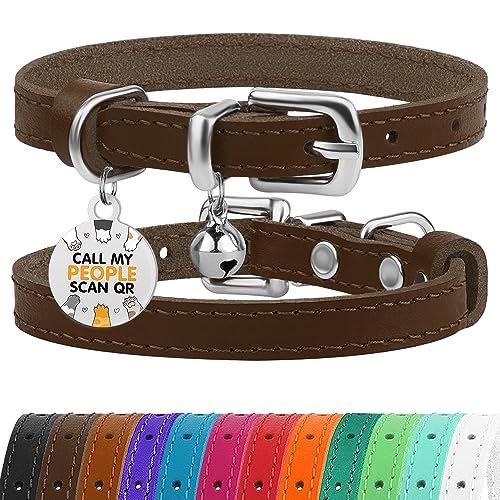 Leather Cat Collar with Removable Bells Non Breakaway Kitten QR Tag for Girl Boy (9" - 12" Cats/Mini Dogs, Brown & Silver) - color: Dark Brown & Silver, size: 9 - 12 inch