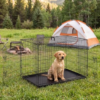 Sweetcrispy 42 Inch Dog Crate, Medium Large Crates Double Door Folding Metal Wire Dog Cage with Plastic Leak-Proof Pan Tray, Pet Kennel for Indoor, Outdoor, Travel - size: 42.5"L x 26.8"W x 29.1"H, style: Double Door