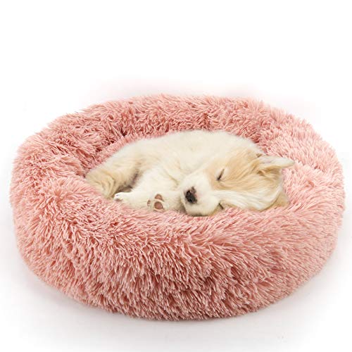 Calming Donut Dog Bed for Small to Medium Dogs & Cats - Plush Faux Fur Anti-Anxiety Pet Bed with Machine Washable Cover & Non-Slip Base - color: Pink, size: X-Small 15.7''