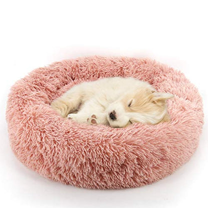 Calming Donut Dog Bed for Small to Medium Dogs & Cats - Plush Faux Fur Anti-Anxiety Pet Bed with Machine Washable Cover & Non-Slip Base - color: Pink, size: X-Small 15.7''