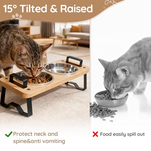 Elevated Cat Bowls with Handles, 15° Tilted 2 Stainless Steel Bowls & Food Mat, Adjustable Height Anti-Vomit Feeder for Easy Cleaning, The for Cat Lovers - Complete Feeding Solution - size: 2 cat bowls