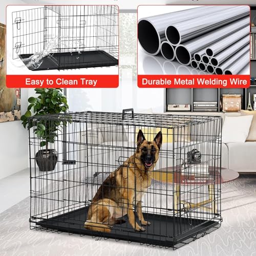 48 Inch Dog Crates for Large Dogs Folding Dog Cage Metal Wire Crates Portable Pet Kennels Outdoor and Indoor Pet Dog Cage Crate with Double-Door, Divider Panel, Removable Tray, Black