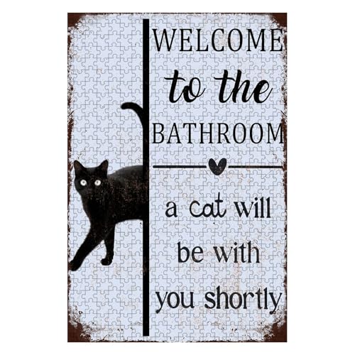 500 Pieces Wooden Jigsaw Puzzle Black Cat Bathroom Entrance Greeting Hand Eye Coordination Training Fine Motor Skills Development 20.4x15 Inch - color: Wooden Puzzle1, size: 500 Piece pcs