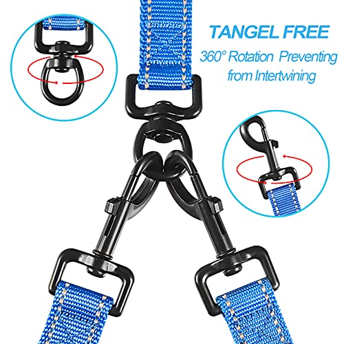 Double Dog Leash, No Tangle Dual Leash, Reflective Walking Training Lead, 4 Comfortable Padded Handles for 2 Dogs with Collapsible Bowl and Waste Bags (Blue, Large) - color: Blue