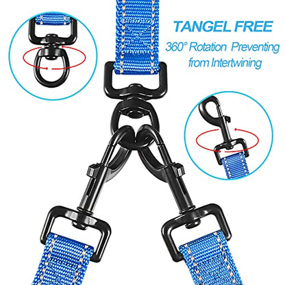 Double Dog Leash, No Tangle Dual Leash, Reflective Walking Training Lead, 4 Comfortable Padded Handles for 2 Dogs with Collapsible Bowl and Waste Bags (Blue, Large) - color: Blue