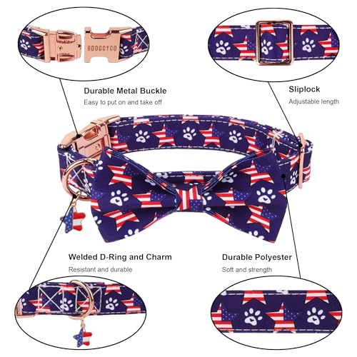 ADOGGYGO American Flag Dog Collar with Bow, Detachable Red Blue Star Pet Bowtie, Metal Buckle, Adjustable Patriotic 4th of July Collars for Large Dogs Boy Girl (X-Large) - color: American Flag, size: X-Large