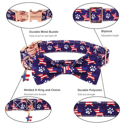 ADOGGYGO American Flag Dog Collar with Bow, Detachable Red Blue Star Pet Bowtie, Metal Buckle, Adjustable Patriotic 4th of July Collars for Large Dogs Boy Girl (X-Large) - color: American Flag, size: X-Large