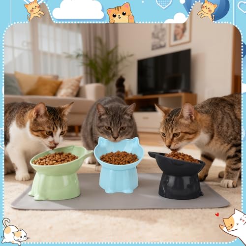 3 Pcs Elevated Cat Bowls 15°Raised Cat Food Bowl with Silicone Mat Whisker Friendly Anti Vomiting Cats Dishes Pet Food and Water Bowls for Indoor Cats Kittens Classic Blue, Black, Green Colors - color: Blue, Black, Green