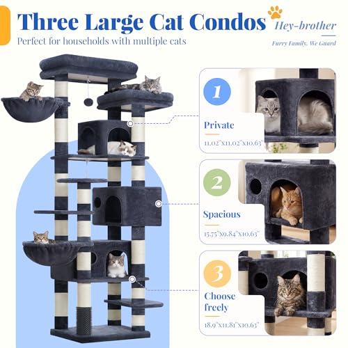 Hey-brother Cat Tree, 74 inches Multi-Level XL Large Cat Tower for Indoor Cats with Three Cat Condos, Two Large Top Decks and Cat Hairbrushfor Kittens, Cats and Pets, Smoky Gray MPJ035-MG - color: Smoky Gray