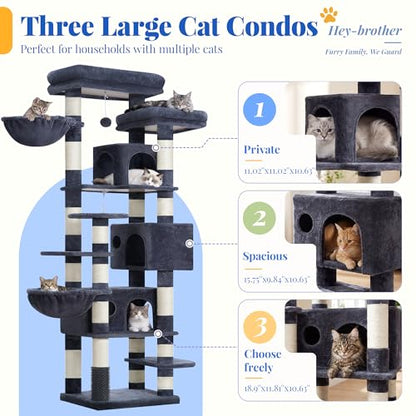 Hey-brother Cat Tree, 74 inches Multi-Level XL Large Cat Tower for Indoor Cats with Three Cat Condos, Two Large Top Decks and Cat Hairbrushfor Kittens, Cats and Pets, Smoky Gray MPJ035-MG - color: Smoky Gray