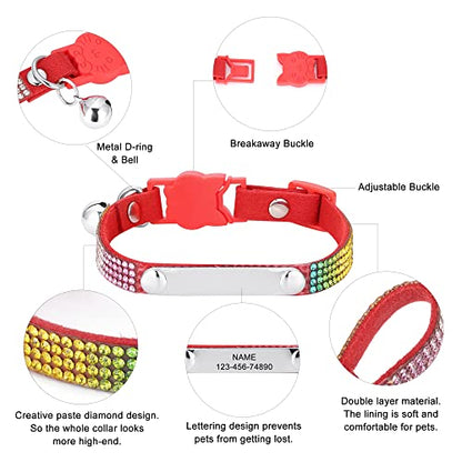 Personalized Cat Collar Breakaway Diamond Rhinestone with Bell, Customized Bling Kitten Pet Collar Adjustable with Engraved ID Name Plate (Red) - color: Red