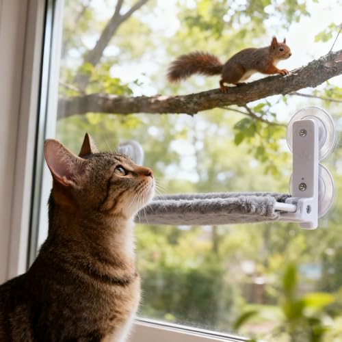 Cat Window Perch Cordless Foldable Cat Hammock Bed with 4 Strong Suction Cups, Solid Metal Frame and Soft Cover for Indoor Cats (Grey)