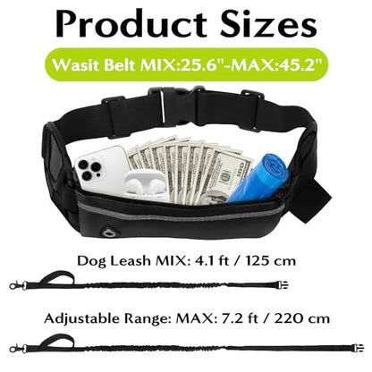 Hands Free Dog Leash - Waist Running Leashes with Zipper Pouch, Adjustable Reflective Waist Belt, Dualc Handle Retractable Bungee for Small Medium Large Dogs Walking Jogging (Black 4.1-7.2ft) - color: Black