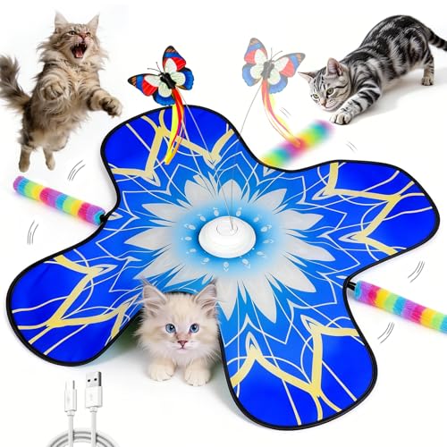 Interactive Cat Toys for Indoor Cats, 3-in-1 Hide and Seek Cat Toy with Fluttering Butterfly & Moving Concealed Feathers, 3 Prey Sounds, Rechargeable Auto Play Mat for Bored Adult Cats/Kittens (Blue) - color: Blue
