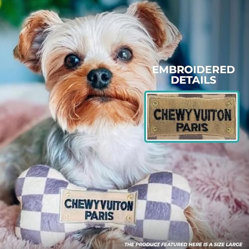 Haute Diggity Dog Chewy Vuiton Bone Plush Squeaky Dog Toy, Soft Durable Designer-Inspired Stuffed Puppy Chew Toys for Small & Medium Dogs, Machine-Washable (Tan Checker) Small - color: Brown Bone, size: Small