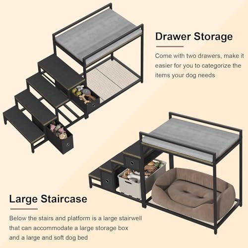 Saudism Pet Bunk Bed with Removable Stairs and 2 Drawers, Dogs/Cats Window Perch, Dog Window Seat with Soft Cushion, Ultra-Shallow Steps, Sturdy Metal Frame, Non-Slip, Load Capacity 60 LBS - color: Grey
