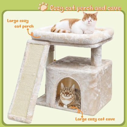 Small Cat Tree for Indoor Cats, Cat Tower with Scratching Post, Perch and Cozy Condo for Kittens and Adult Pets (Beige) - color: Beige
