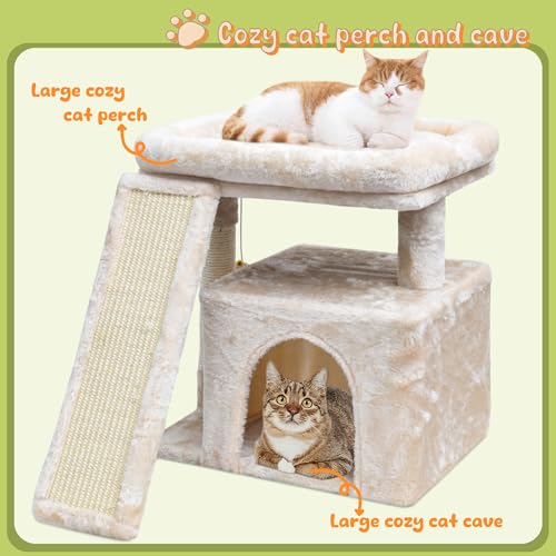 Small Cat Tree for Indoor Cats, Cat Tower with Scratching Post, Perch and Cozy Condo for Kittens and Adult Pets (Beige) - color: Beige