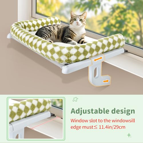Cat Window Perch Hammock Sturdy Windowsill Bed Seat for Large Cats No Drilling No Suction Adjustable Kitty Shelf with Washable Cover Easy Assembly Holds up to 40 lbs 22.05 * 15 in (Green, S) - color: Green, size: 22.05x15in