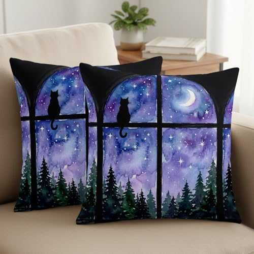 Throw Pillow Covers Set of 2 Night Window View Decor Pillow Covers with Zipper Cat Moon Forest Starry Sky Pillowcase Cushion Cover for Sofa Couch Bed Home 16x16 Inch - color: Blue, Purple, Black, size: 16" x 16" (Pack of 2)