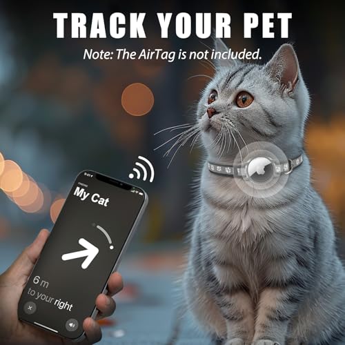Cat Collar Apple AirTag-Compatible - Cat Paw Print Design, Durable Elastic Band with Reflective Strips and Bell, Infinitely Adjustable Collar for Small to Medium Pets, Black.