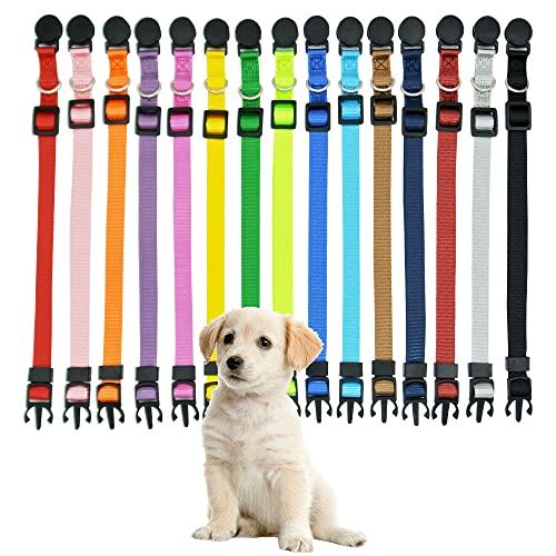 Luck Dawn Puppy ID Collars,15 PCS Identification Soft Nylon Puppy Collars, Adjustable Breakaway Safety Whelping Litter Collars for Newborn Puppies Kitten – Set of 15 (Round Button M (Pack of 15)) - size: Round Button M (Pack of 15)
