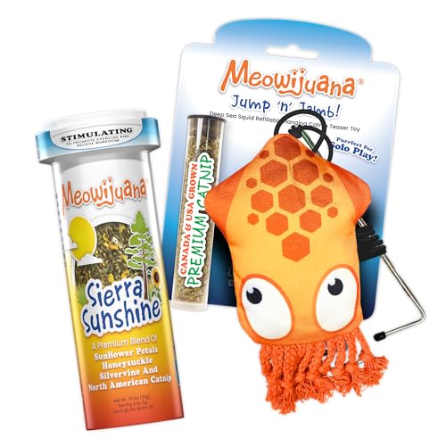 Meowijuana Jump 'n' Jamb Door Hanging Cat Toy Bundle | Deep Sea Squid + Sierra Sunshine Blend | Refillable Interactive Catnip Toy | Promotes Play and Cat Health | Potent Catnip Grown in North America - color: Deep Sea Squid Bundle