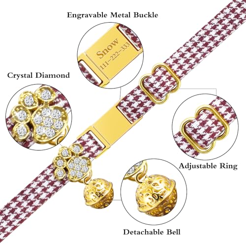 Personalized Breakaway Cat Collars - Magnetic Buckle, Bell - Safety Quick Release, Customized for Girls & Boys Cats- (Houndstooth-Burgundy) - color: Houndstooth-Burgundy