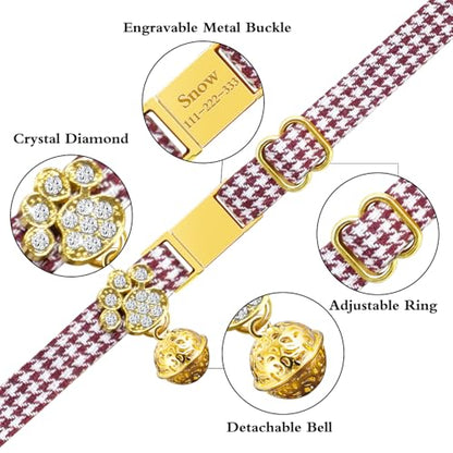 Personalized Breakaway Cat Collars - Magnetic Buckle, Bell - Safety Quick Release, Customized for Girls & Boys Cats- (Houndstooth-Burgundy) - color: Houndstooth-Burgundy