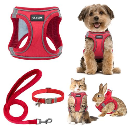 Small Pet Harness Collar and Leash Set, Step in No Chock No Pull Linen Fabric Soft Mesh Dog Vest Harnesses Reflective for Dogs Puppy Cats Kitten Rabbit (Red, S) - color: Red, size: Small